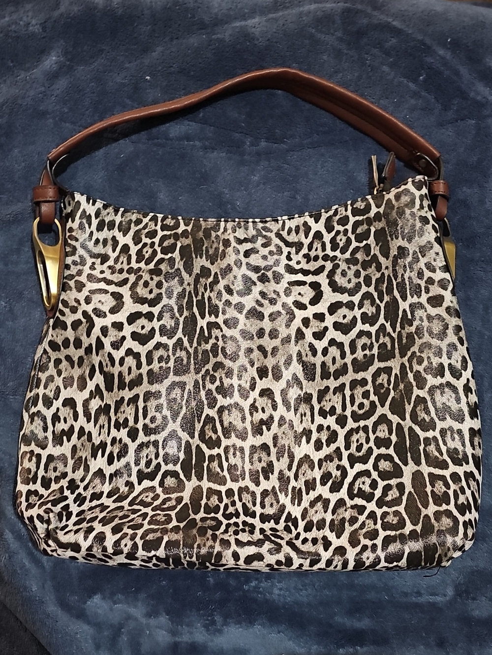 Leopard Print Leather Shoulder Bag with Brown Strap